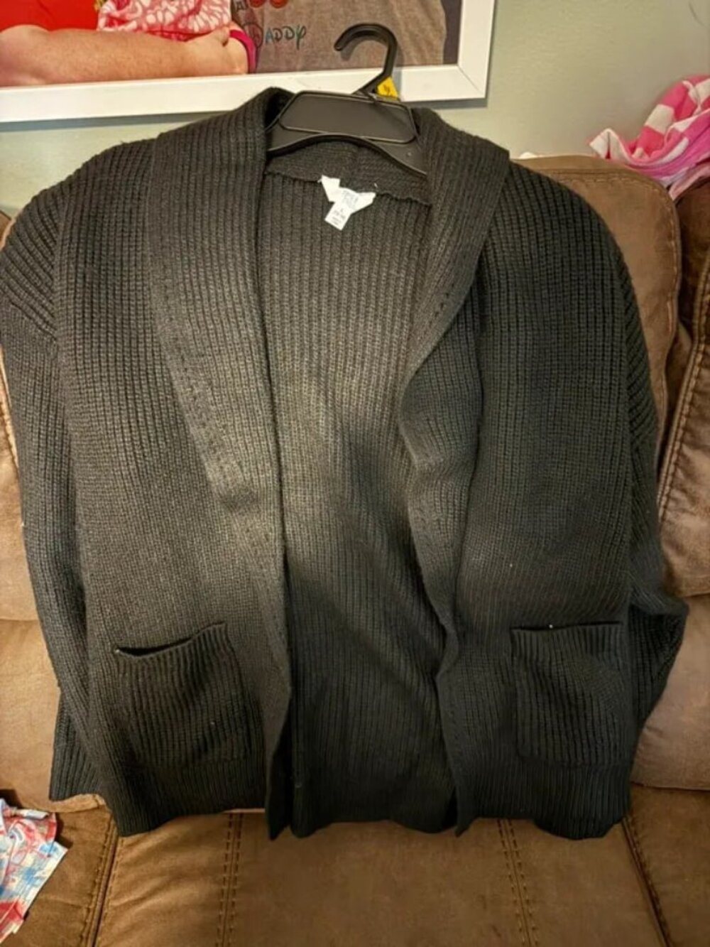 Black Ribbed Open-Front Shawl Collar Cardigan Sweater – Women’s L / US 12-14